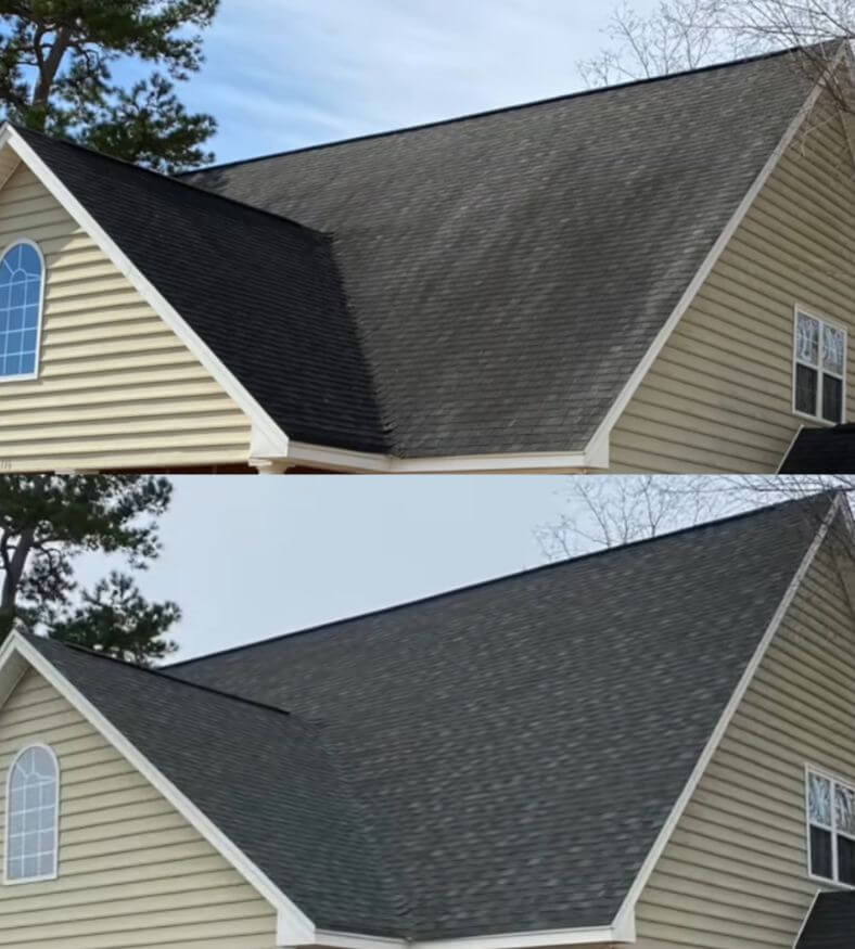 Comparison of a dirty roof with a cleaned roof